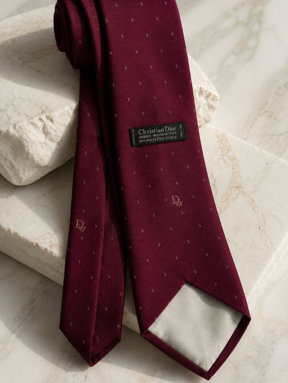 Vintage Christian Dior Paris Burgundy Red Logo Dot Tie Silk Blend Made USA